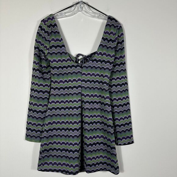 Zara Womens Dress Sz S Green Purple Metalic Geometric Striped Cutout Long Sleeve - Picture 4 of 12